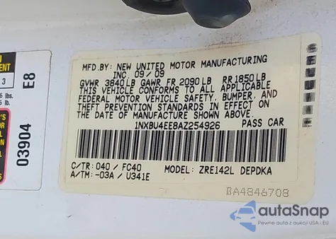 2010 Toyota Corolla Le z USA, uszkodzony, nr VIN 1NXBU4EE8AZ254926